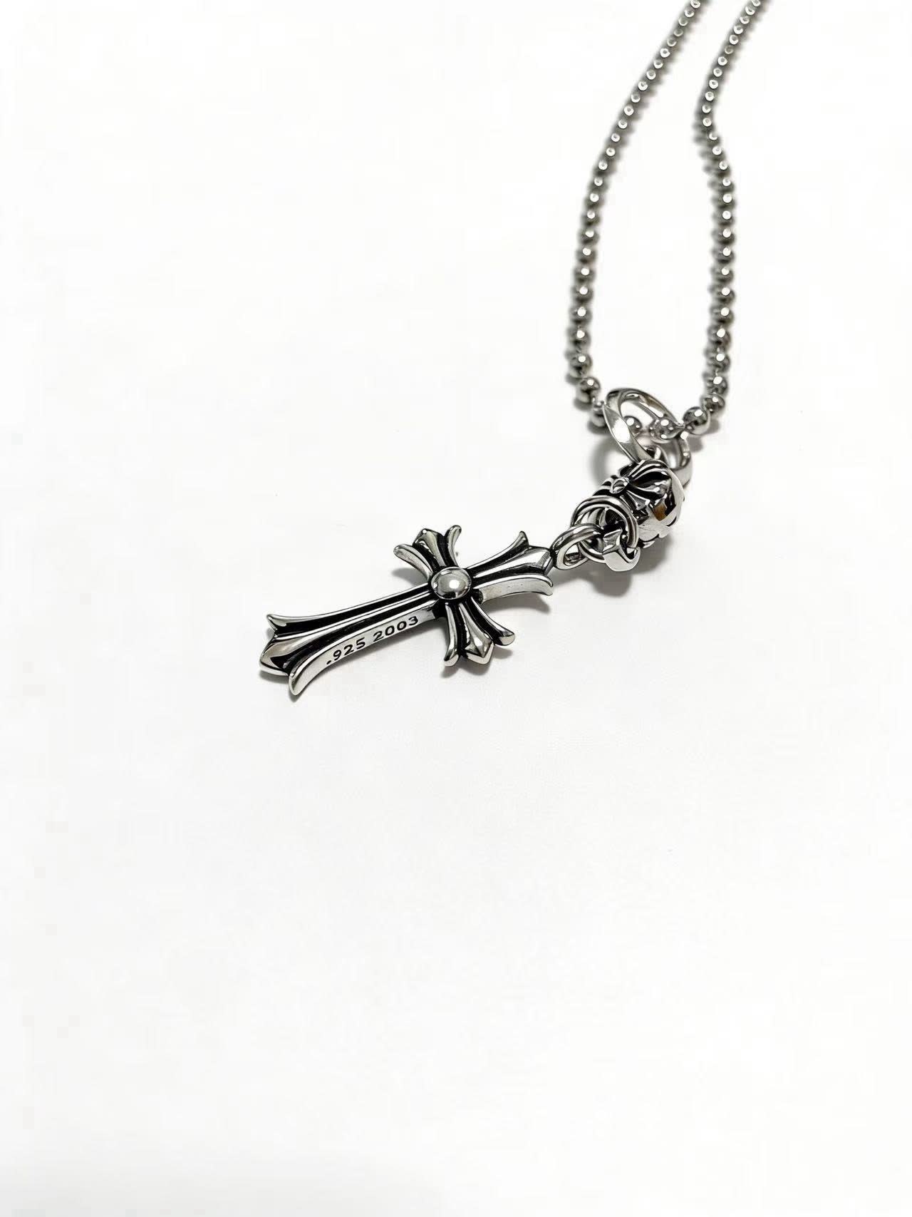 Chrome Hearts Silver Beaded Cross Necklace